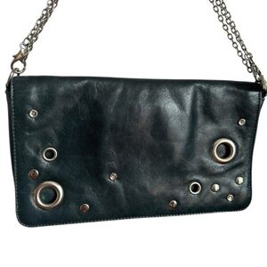 HOBO INTERNATIONAL DEEP GREEN RIVET GROMMET DETAILED LEATHER BAGUETTE PURSE